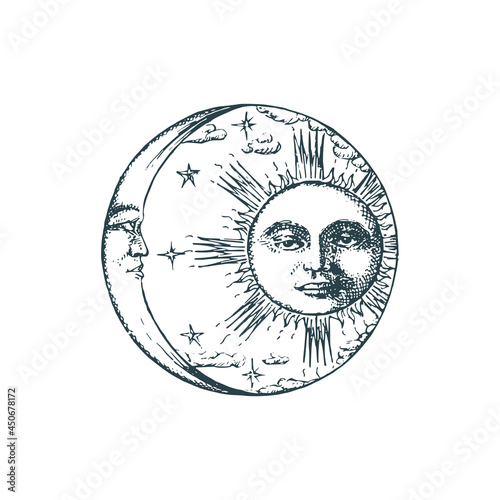 Sun, Crescent in engraving style. Vector drawing.