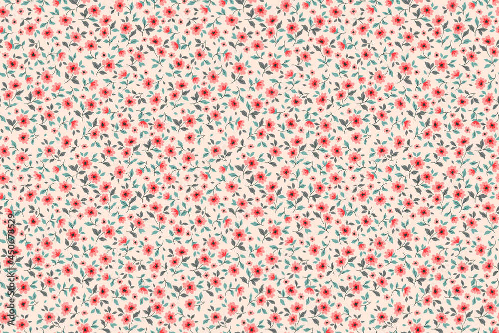 Vintage floral background. Floral pattern with small pink and red flowers on a ivory background. Seamless pattern for design and fashion prints. Ditsy style. Stock vector illustration.