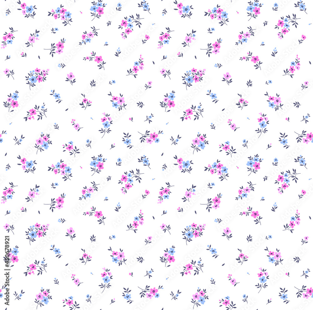 Vector seamless pattern. Pretty pattern in small flowers. Small purple and lilac flowers. White background. Ditsy floral background. The elegant the template for fashion prints. Stock vector.