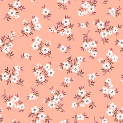 Fototapete Kleine Blumenmuster Kleine weiße Blüten auf Korallrot  © ann_and_pen