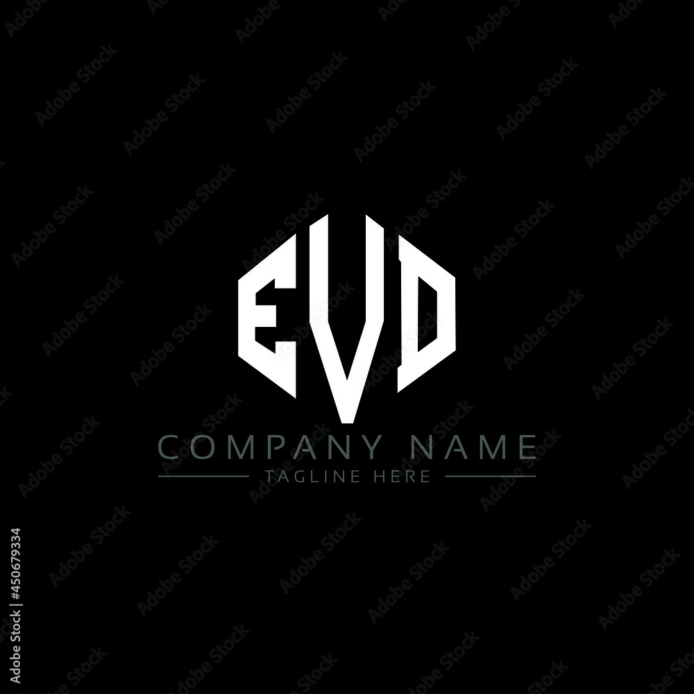 EVD letter logo design with polygon shape. EVD polygon logo monogram. EVD cube logo design. EVD hexagon vector logo template white and black colors. EVD monogram, EVD business and real estate logo. 