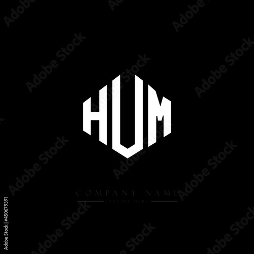 HUM letter logo design with polygon shape. HUM polygon logo monogram. HUM cube logo design. HUM hexagon vector logo template white and black colors. HUM monogram, HUM business and real estate logo. 