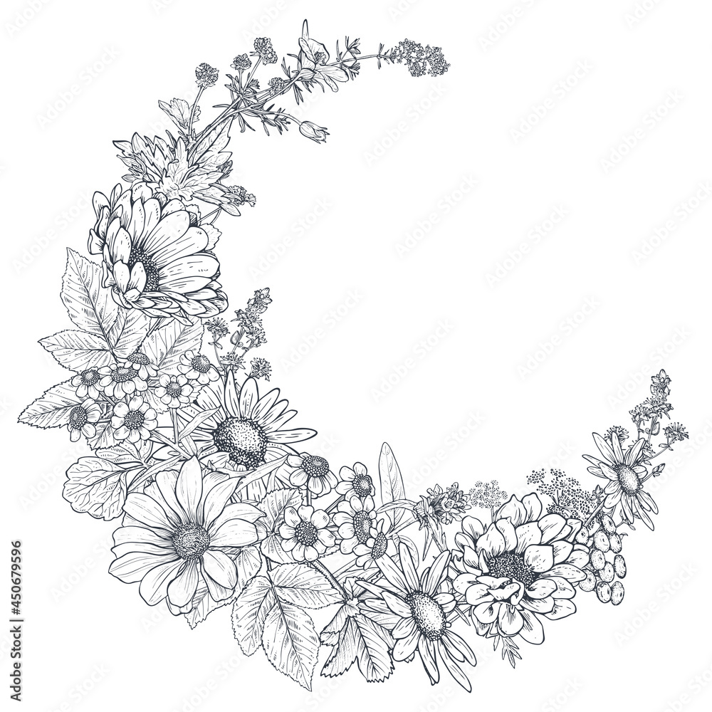 Fototapeta premium Vector frame with herb and wildflower elements arranged on a shape of the wreath