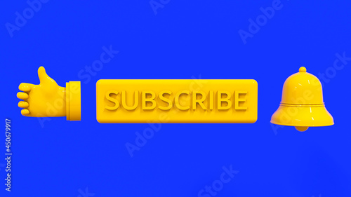 Button subscribe to channel, bell button and thumb up on blue background. Social media notification. Trendy 3d illustration.