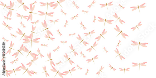 Tropical rosy pink dragonfly flat vector background. Spring colorful insects. Wild dragonfly flat kids wallpaper. Tender wings damselflies patten. Fragile beings