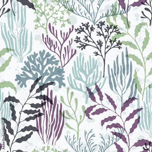 Coral polyps seamless pattern., Australian staghorn and pillar corals branches.