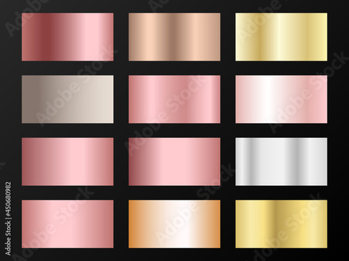 Metallic foil texture silver, steel, chrome, platinum, copper, bronze, aluminum, rose gold gradient swatches.