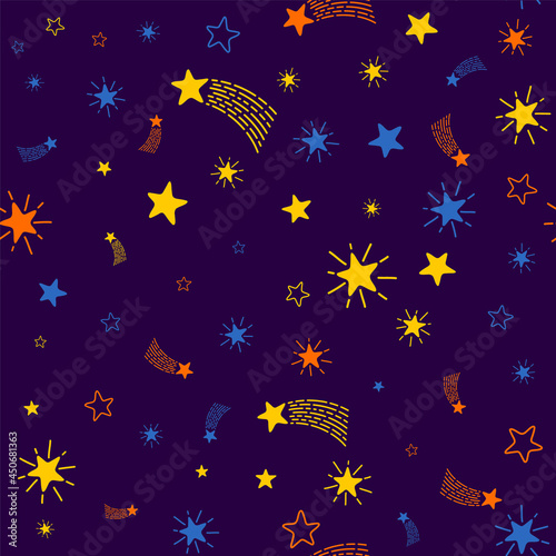 Lovely shooting stars meteor shower vector seamless pattern.