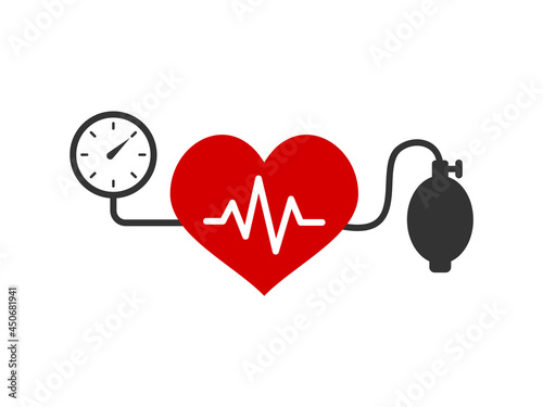 Blood pressure measuring concept. Heart shape with heartbeat line. Systolic and diastolic blood pressure measurement. Control cardiovascular disease risk factor. Vector illustration, flat, clip art. photo