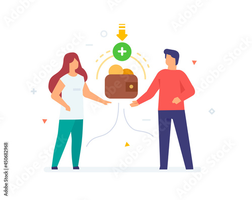 man and woman share a budget, the family saves money, illustration. Smartphones tablets user interface social media.Flat illustration Icons infographics. Landing page site print poster.