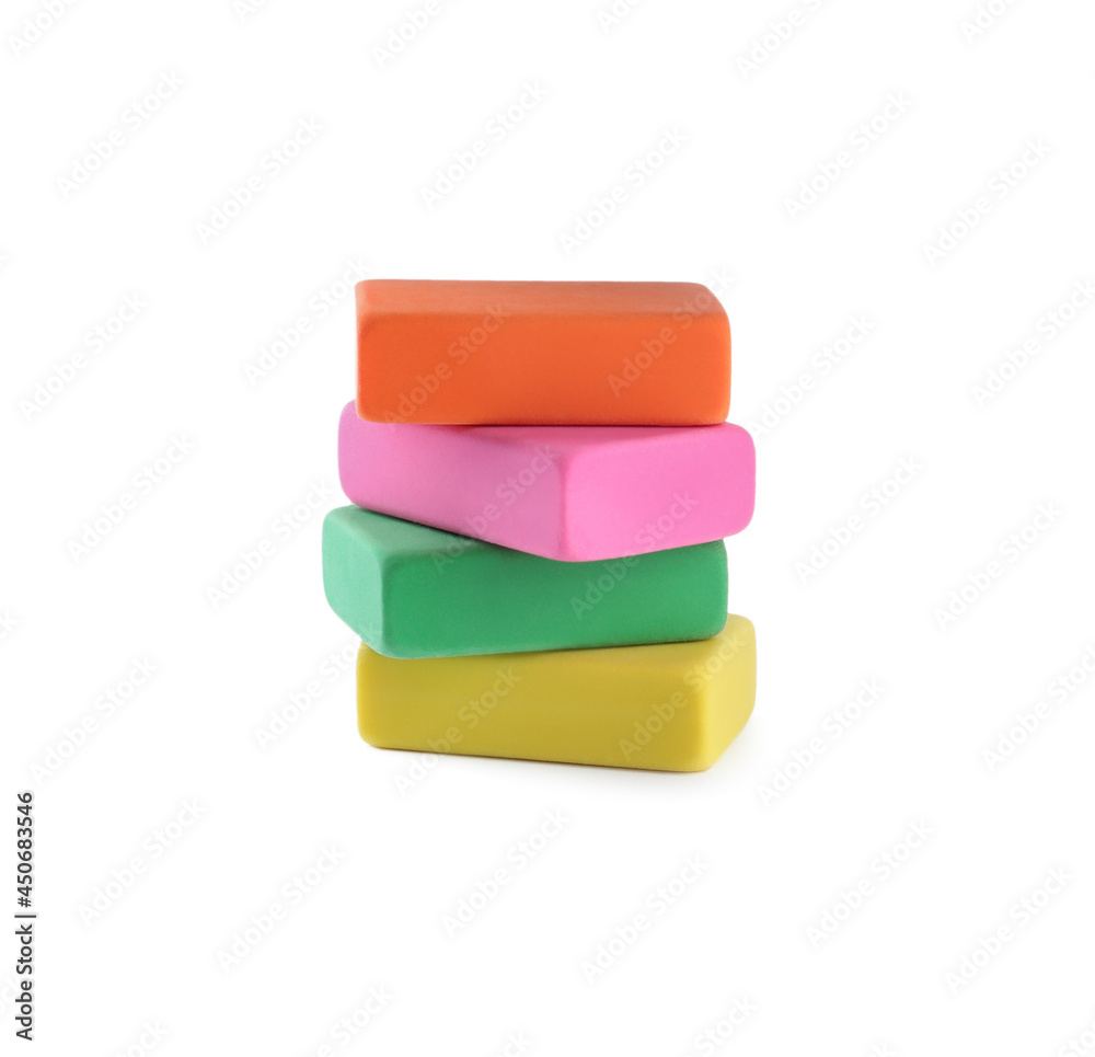 Stack of bright erasers on white background Stack of bright erasers on white background