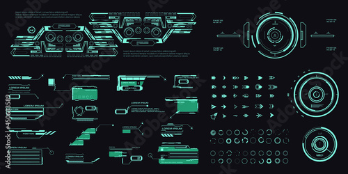 Futuristic set of elements for HUD user interface. Collection of titles in the style of HUD. Labels with technical callouts, stripes information windows, and UI, UX templates