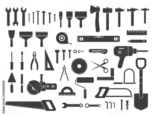 Construction tools icons large set. Repair, building and work instruments big collection. Black silhouettes. Vector isolated on white