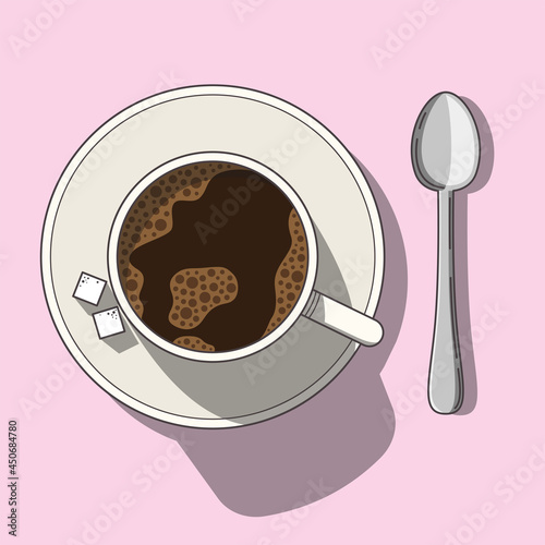 Cup of coffee with sugar and spoon. Vector illustration in modern comic style. (ID: 450684780)