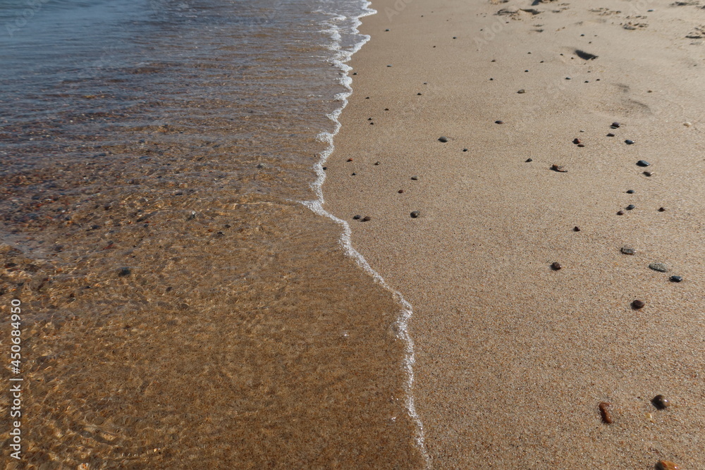 Soft sea wave on clean sandy beach. Abstract sand of beach and soft wave background. Top view Soft sea wave on clean sandy beach. Abstract sand of beach and soft wave background. Top view