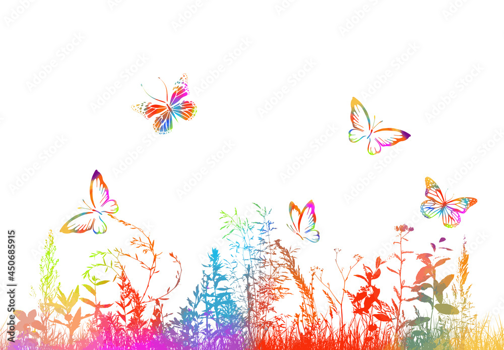 multicolored grass with flowers. Rainbow butterflies in the meadow. Mixed media. Vector illustration
