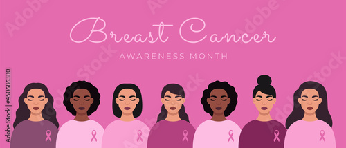 Breast cancer awareness month banner. Different ethnicity women standing together with ribbon on the chest isolated on pink background.