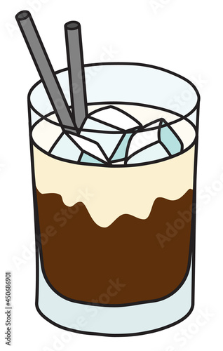 Stylish hand-drawn doodle cartoon White Russian cocktail in highball glass. A vector illustration good for party card, posters, bar menu or alcohol cook book recipe.
