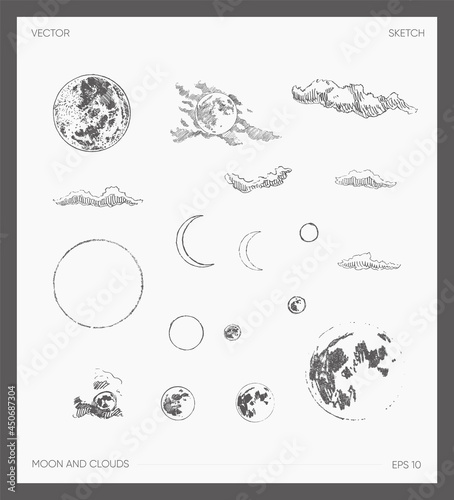 Set of high detail drawn vector moon clouds sketch
