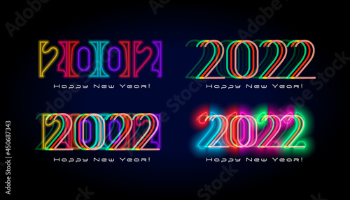 New Year 2022 typography neon lighting, cyberpunk futuristic style. Design for rave christmas party, holiday event poster, banner, flyer, calendar, card, invitation. ui and hud app interface. Vector