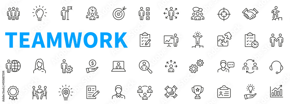 Business teamwork icons set. Contains such icons as business people, idea, presentation, goal, reward, delegation and others. Work group. Outline icons collection. Line style - stock vector. - obrazy, fototapety, plakaty 