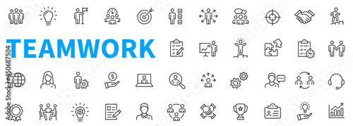 Business teamwork icons set. Contains such icons as business people, idea, presentation, goal, reward, delegation and others. Work group. Outline icons collection. Line style - stock vector.