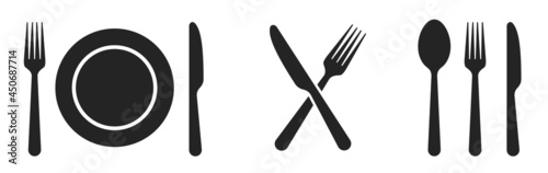 Fork, knife, spoon and plate set icons. Tableware set flat style. Dinnerservice collection. Plate, fork and knife for apps and websites. Dinner service - stock vector.