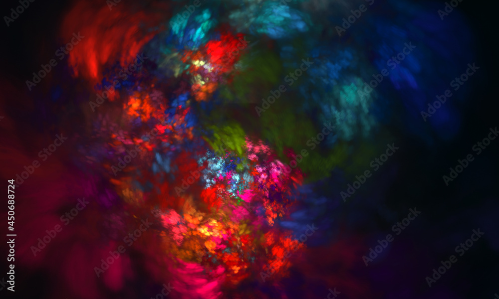 Creative multicolored vortex of flowers or paint spots, strokes and smudges sucking into funnel or perspective. Bright glowing reds and blues revolving in dark. Artistic digital pattern or texture.