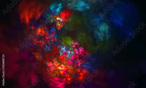 Creative multicolored vortex of flowers or paint spots, strokes and smudges sucking into funnel or perspective. Bright glowing reds and blues revolving in dark. Artistic digital pattern or texture.