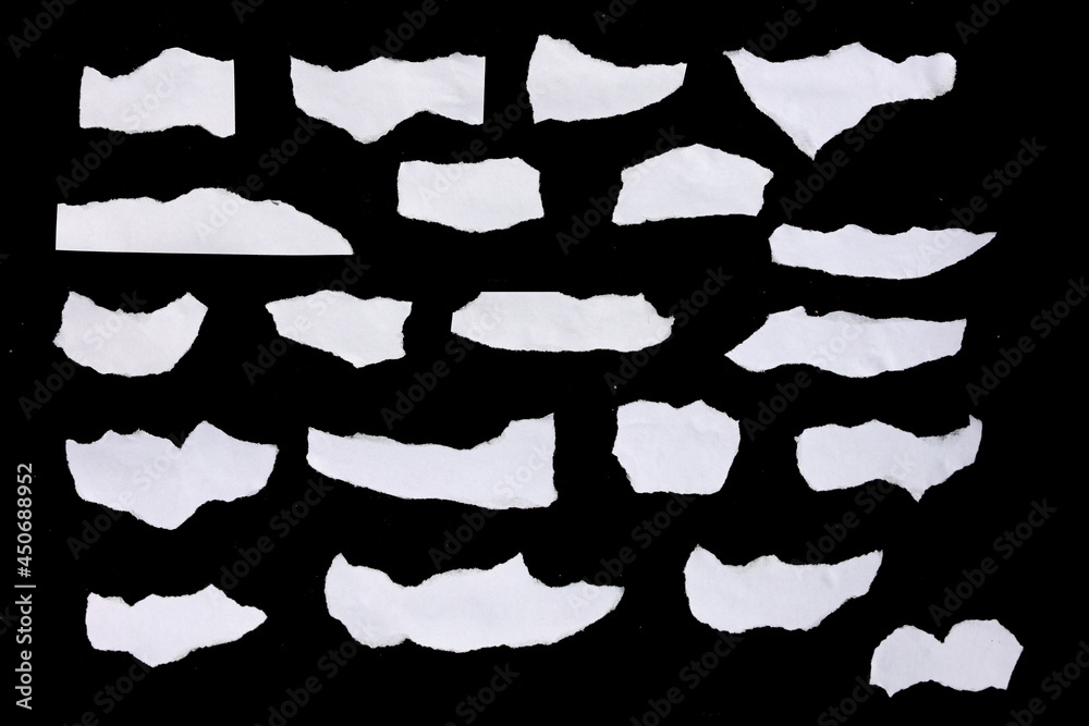 Collection of white torn paper pieces isolated on black background. Great for using as a backdrop for text or images. Collection of white torn paper pieces isolated on black background. Great for using as a backdrop for text or images.