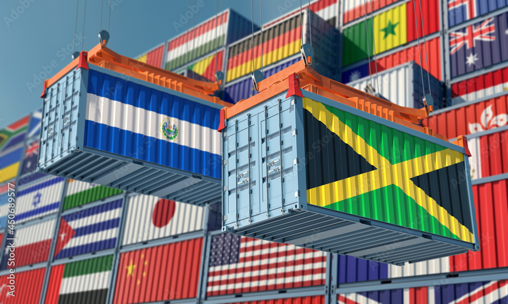 Freight containers with Jamaica and El Salvador national flags. 3D Rendering 