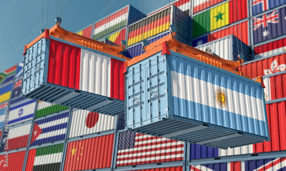 Freight containers with Argentina and Peru national flags. 3D Rendering 
