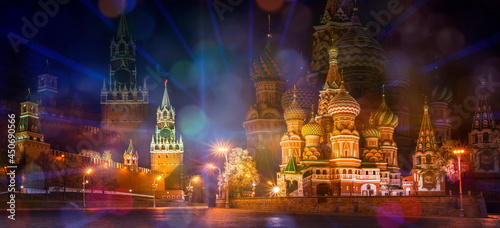 Panorama of the Red Square at the evening, Moscow, Russia. Collage with hologram effect. Diverging light rays and color spots. 