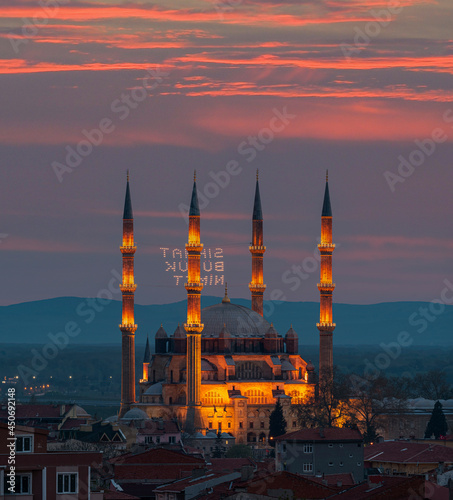 selimiye mosque at sunset edirne turkey photo
