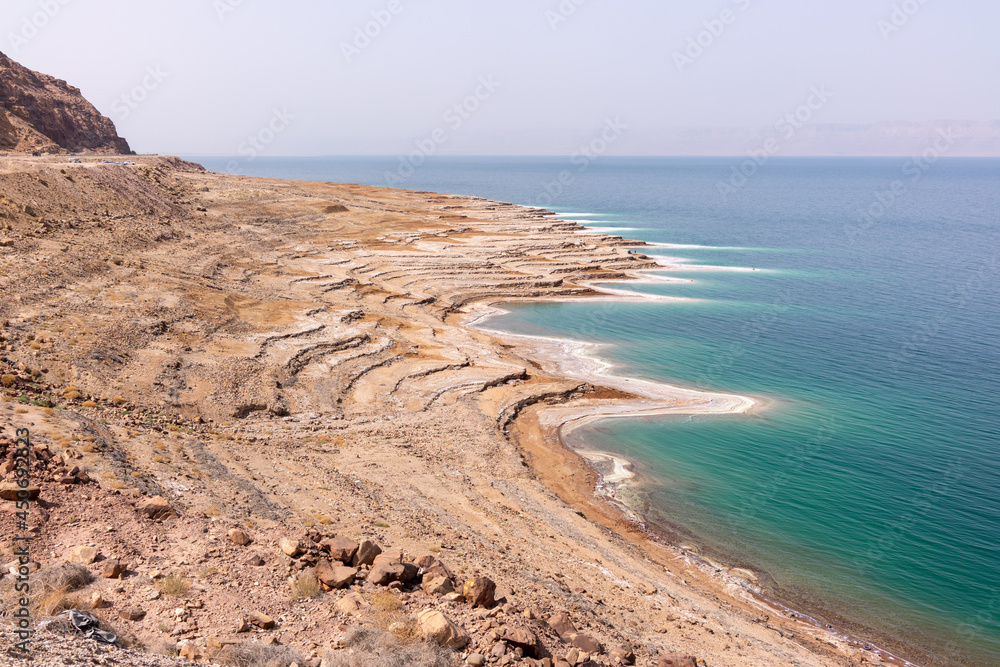 View of the Dead Sea Coastline in Jordan.