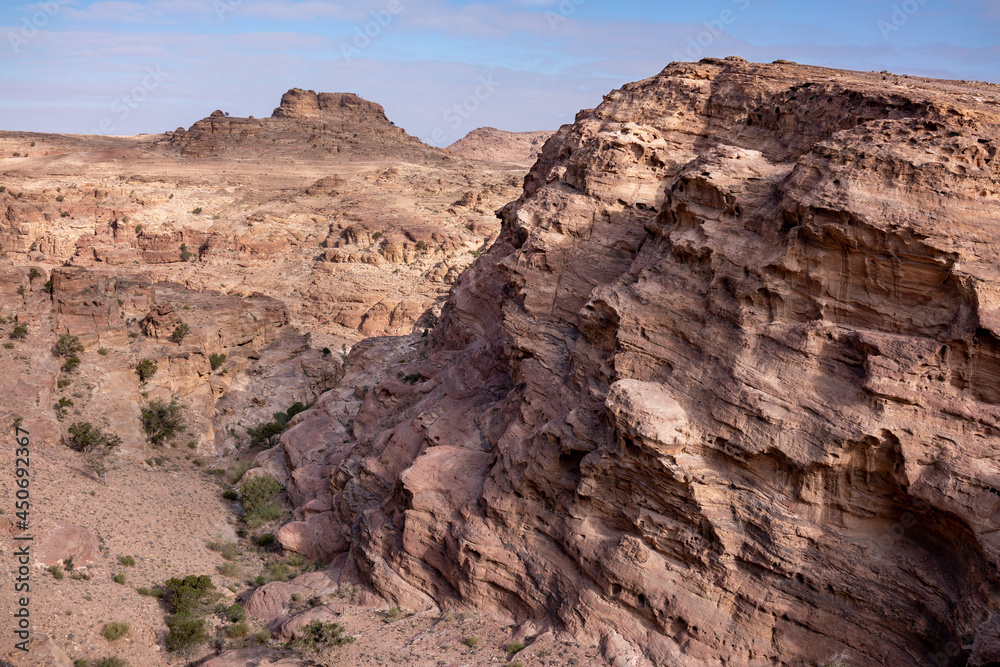 View of mountain canyon in Wadi Rum, Jordan. Red mountains against the blue sky View of mountain canyon in Wadi Rum, Jordan. Red mountains against the blue sky