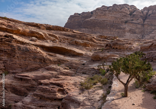 View of mountain canyon in Wadi Rum, Jordan. Red mountains against the blue sky