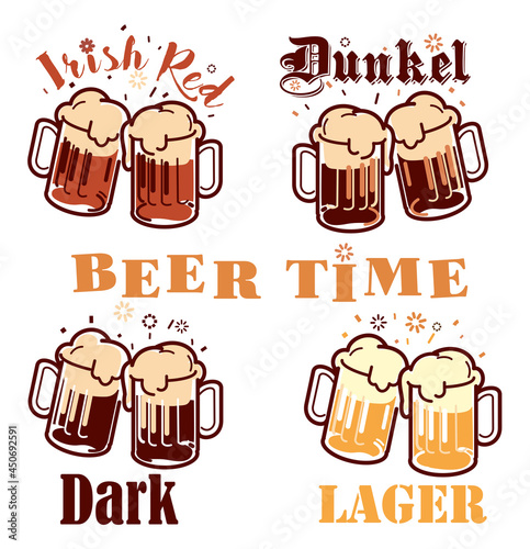 Beers, different mugs with beer. dark beer, Pale ale, Irish red beers. Vector illustration of glasses with beer.