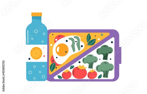 Set of  breakfast or lunch meals. Food, drinks for Children school lunch boxes with meal, hamburger, sandwich, water, snacks, fruit, vegetables.Vector collection