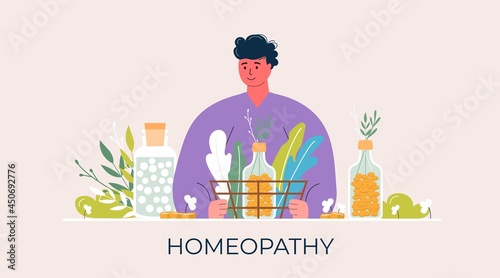 Cartoon people prepared organic natural homeopathic pills in glass jars. Homeopathy treatment banner, landing page,  herbal alternative medicine,  pharmacy, food supplement. flat vector