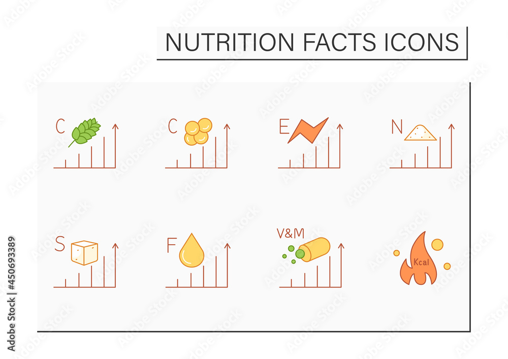 Nutrition facts color icons set. Nutrition supplements.Healthy, balanced eating. Fats, carbs, vitamins, minerals, and more. Nutrition facts concept.Isolated vector illustrations