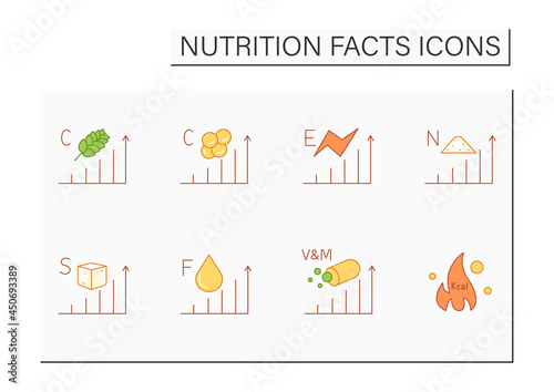 Nutrition facts color icons set. Nutrition supplements.Healthy, balanced eating. Fats, carbs, vitamins, minerals, and more. Nutrition facts concept.Isolated vector illustrations