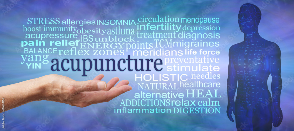 Words associated with the benefits and uses of Acupuncture - female open palm hand with the word acupuncture floating above surrounded by a relevant word cloud against a rustic modern background
 - obrazy, fototapety, plakaty 