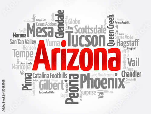 List of cities in Arizona USA state, word cloud concept background
