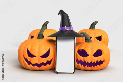 Halloween mock-up  pumpkins, witch hat  with smartphone. Halloween concept mockup. 3D rendering