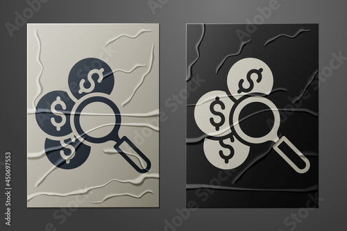 White Search for money icon isolated on crumpled paper background. Paper art style. Vector
