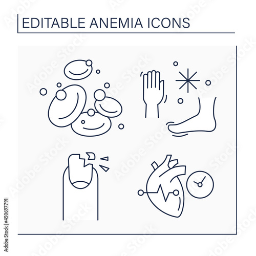 Anemia line icons set. Hemoglobin, cold hands and feet, brittle nails, irregular heartbeats. Health protection concept. Isolated vector illustration. Editable stroke