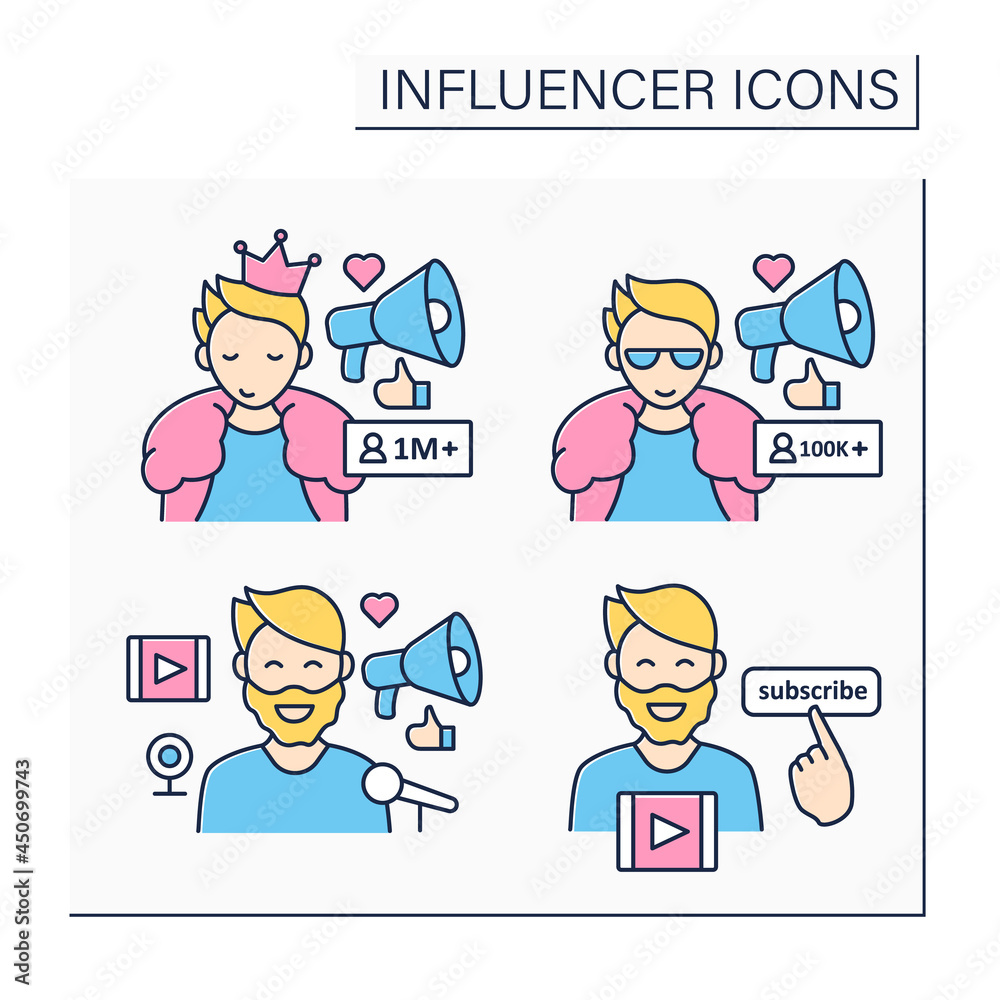 Influencer color icons set. Share information, knowledge, thoughts on audiences. Influencer advertising, marketing, sponsorship. Blogging concept. Isolated vector illustration