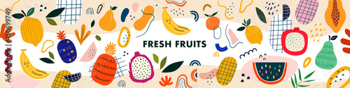 Fototapeta Naklejka Na Ścianę i Meble -  Fresh stylish template with abstract elements, doodles and fruits.	
