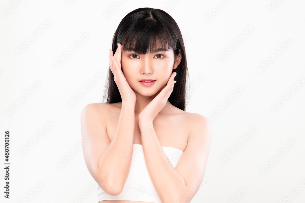 Beautiful young asian woman with clean fresh skin on white background, Face care, Facial treatment, Cosmetology, beauty and spa, Asian women portrait. Beautiful young asian woman with clean fresh skin on white background, Face care, Facial treatment, Cosmetology, beauty and spa, Asian women portrait.